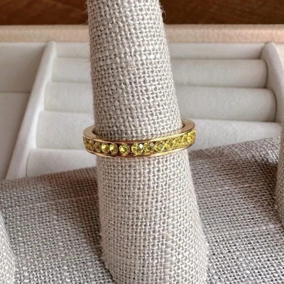 Citrine Yellow CZ 18k Gold Stainless Steel Stack Band Ring November Birthstone - Picture 1 of 9